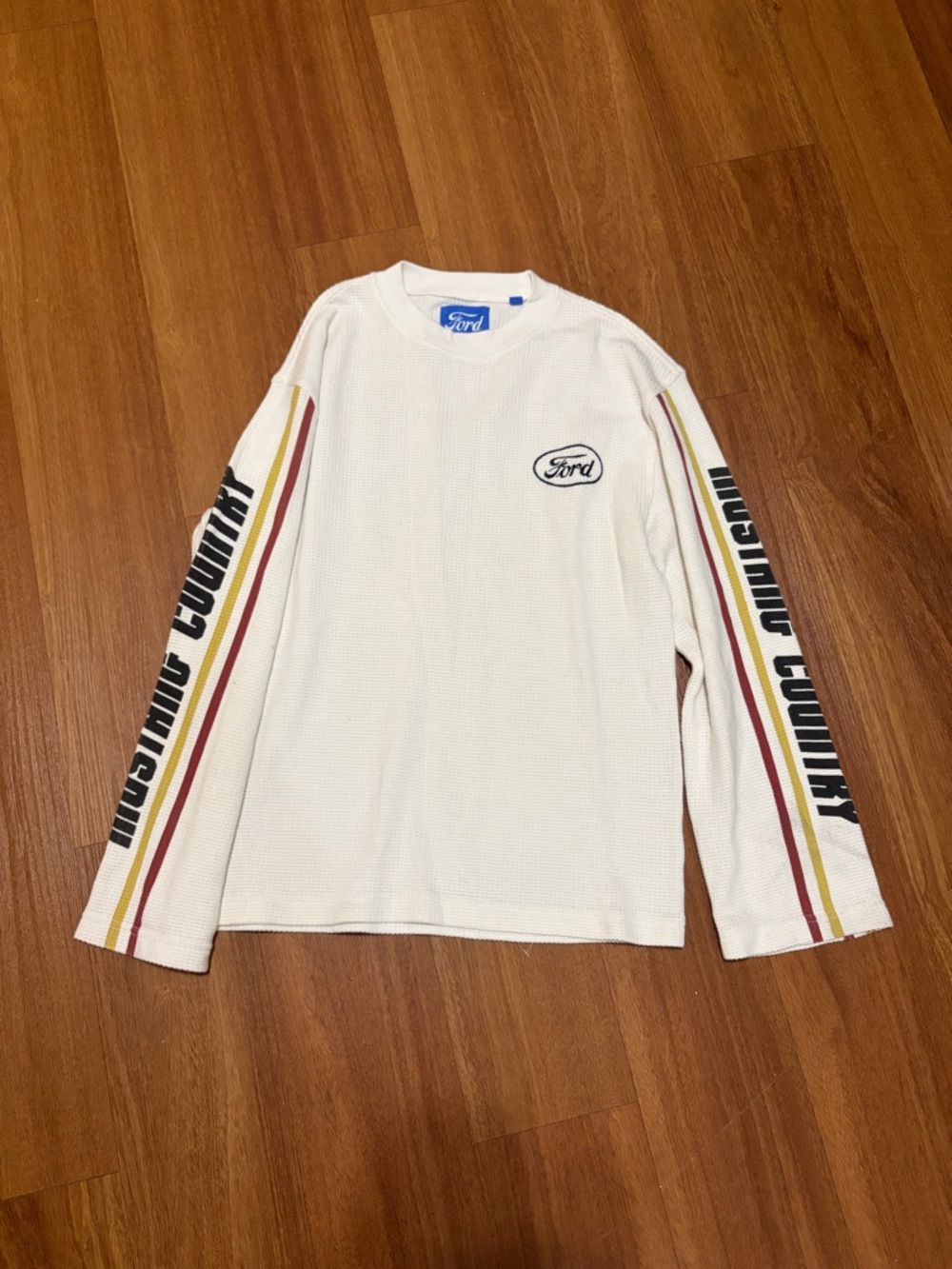 Ford x Pacsun White Waffle Thermal Long Sleeve with Sleeve Stripes Size S Logos
